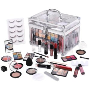 Makeup Kit for Women Full Kit - Eyeshadow Palette, Lipsticks, Lipgloss, Blushes, Contour, Highlighters, Makeup Pencil, False Eyelashes, Re-usable Train Case