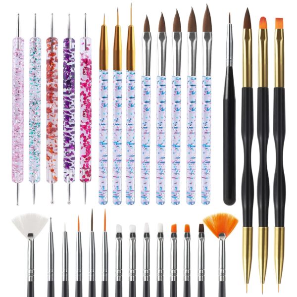 Artdone 31pcs Nail Art Brushes,Nail Art Tool Set,Nail Dotting Tools,Nail Dust Brush,Striping Nail Art Brushes for Long Lines,Nail Drawing Pen For Nail Design.