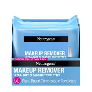  Neutrogena Makeup Remover Wipes, Ultra-Soft Cleansing Facial Towelettes for Waterproof Makeup, Alcohol-Free, Plant-Based, Twin Pack, 25 Count (Pack of 2)